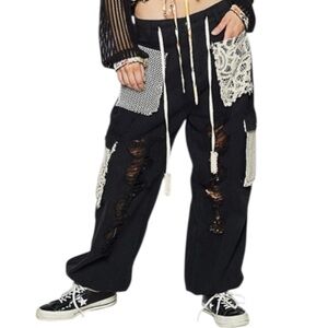 POL Distressed Jogger Pants Crochet Patchwork Black Medium